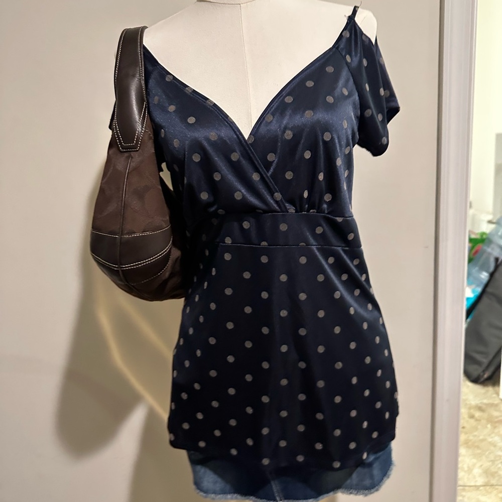 Y2K Vanity Blue and White Wrap Blouse Short Sleeve